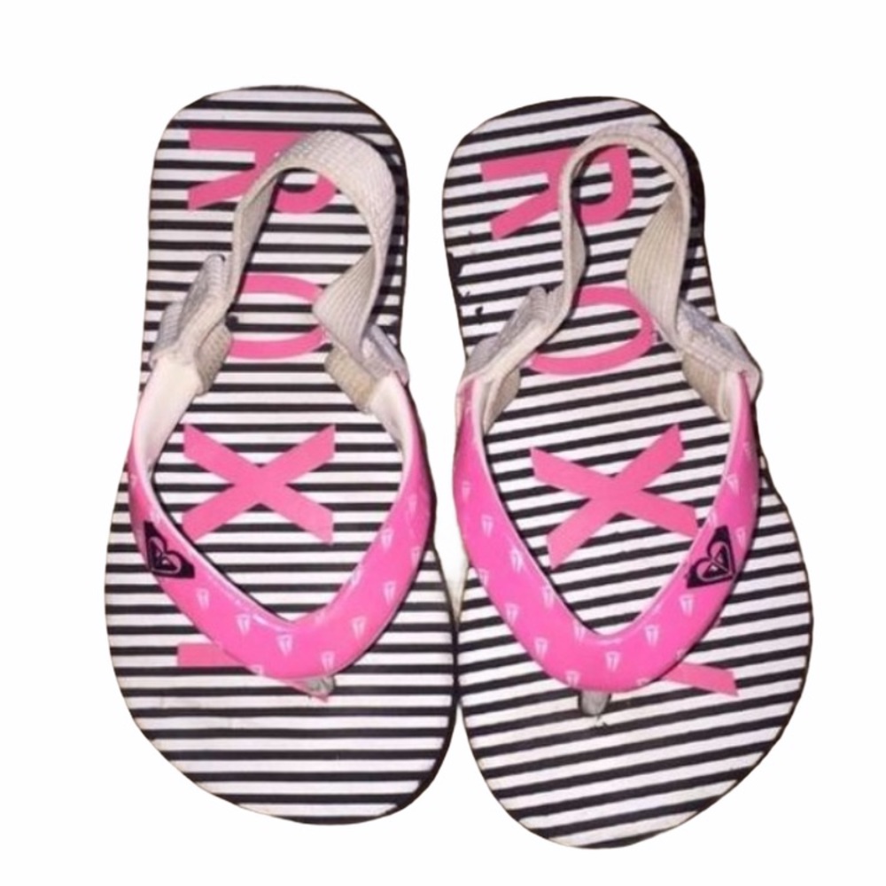 Roxy White Black Striped Neon Pink Flip Flops 5-6